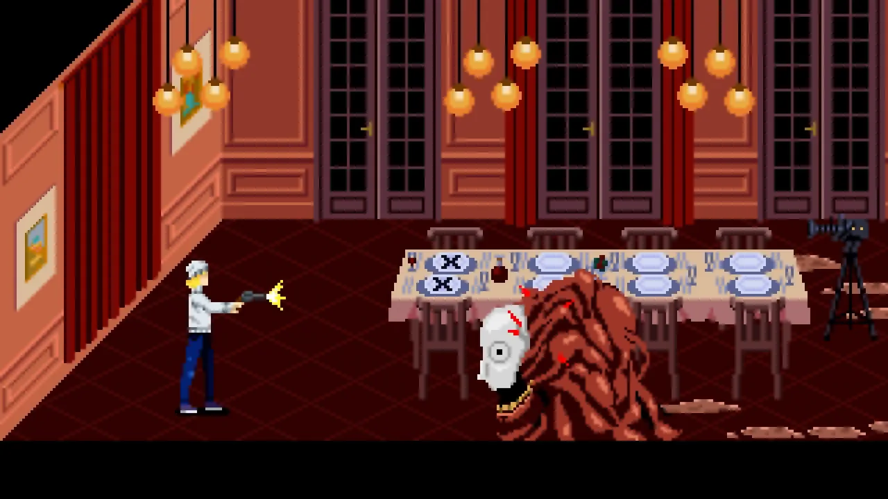 Protagonist firing at a large creature beside a dinner table with marked plates