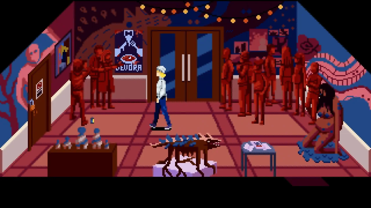 Colorful lobby with a Devora poster, red human figures and central double doors