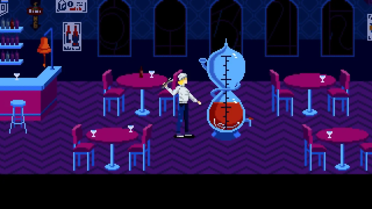 Blue and magenta bar with a large marked pitcher beside the protagonist