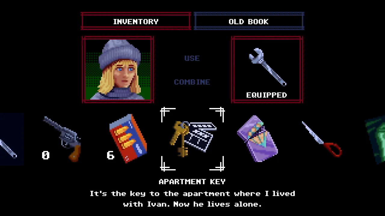 Inventory screen with the apartment key selected and a wrench marked equipped