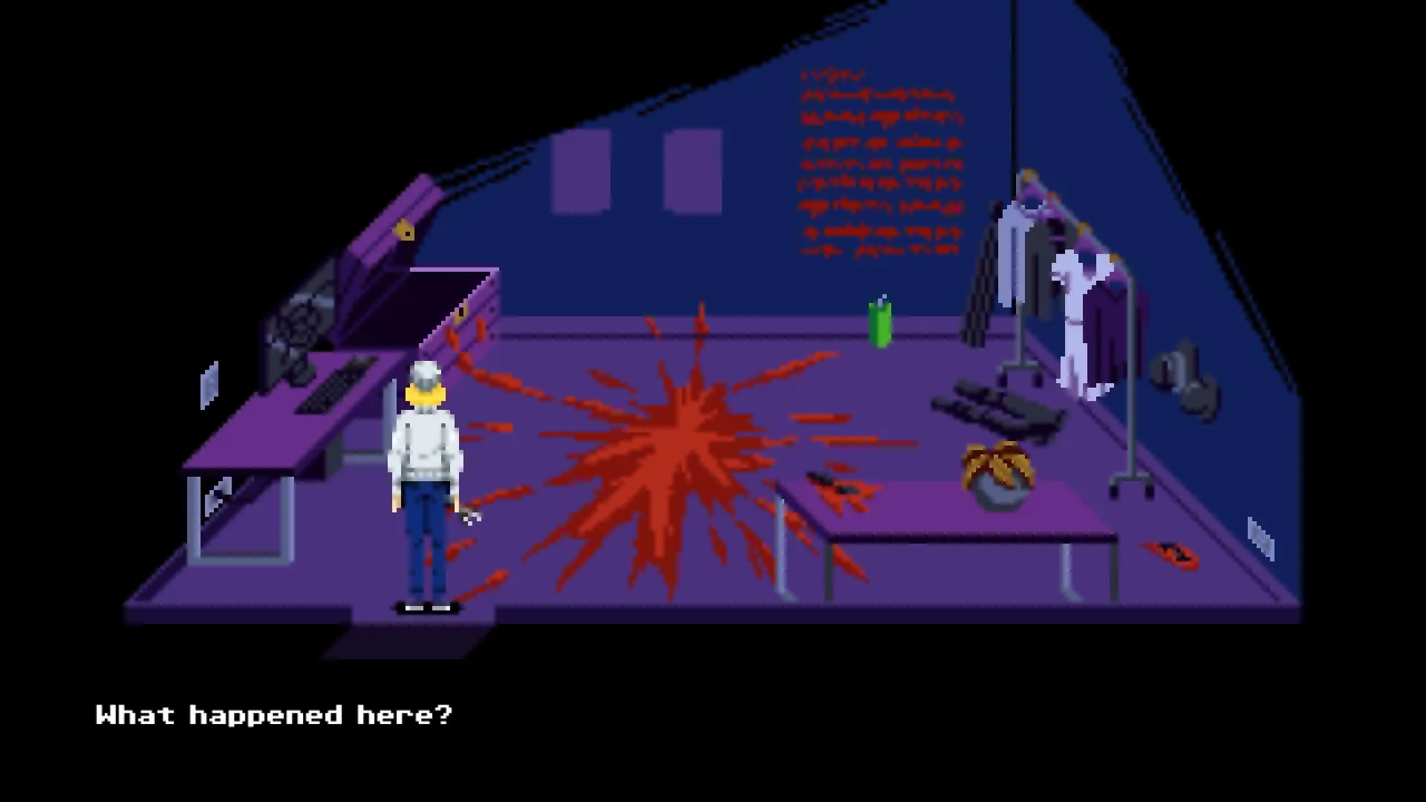 Pixel-art protagonist in a blue room with a bloodstained floor